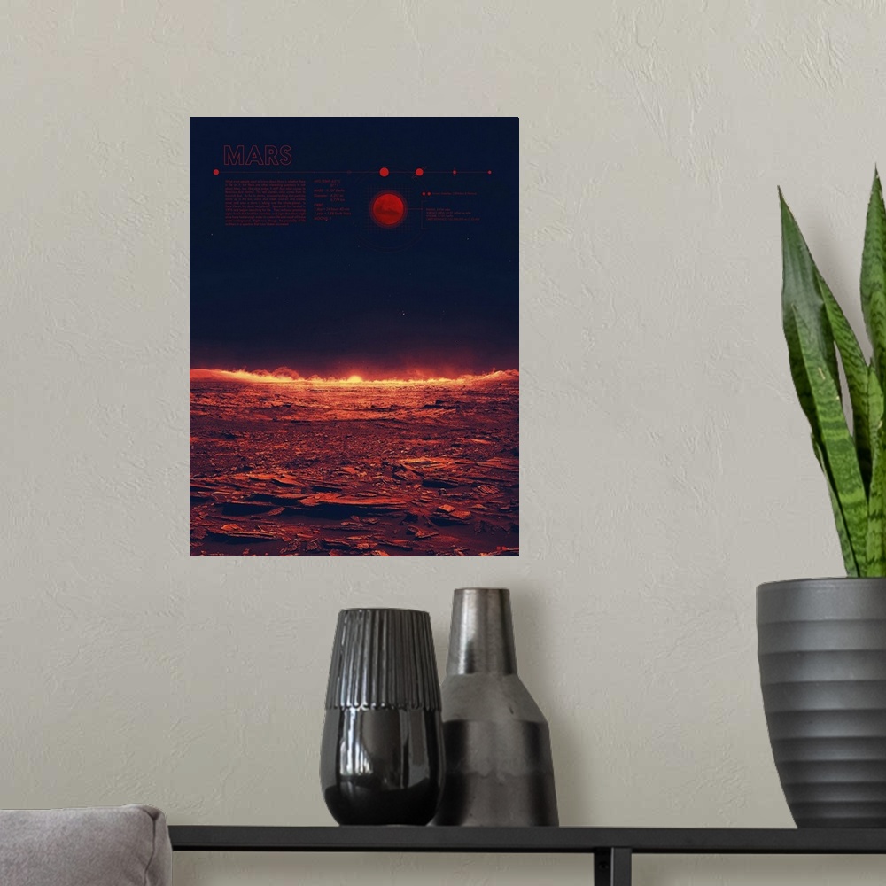 A modern room featuring Educational graphic poster of Mars with written facts at the bottom including average temperature...