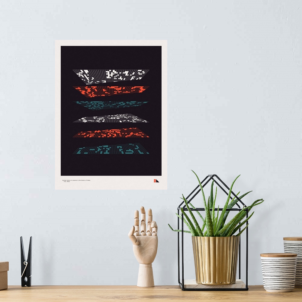 A bohemian room featuring Graphic poster inspired by theories that speak of multiple dimensions and Conways Game of Life. T...