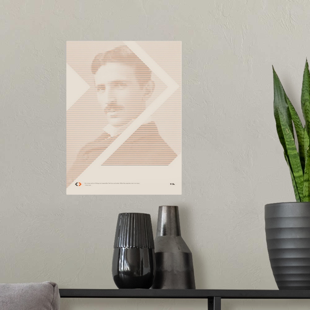 A modern room featuring Graphic poster of Nikola Tesla made up entirely of orange, black, and gray arrows. Inspired by th...