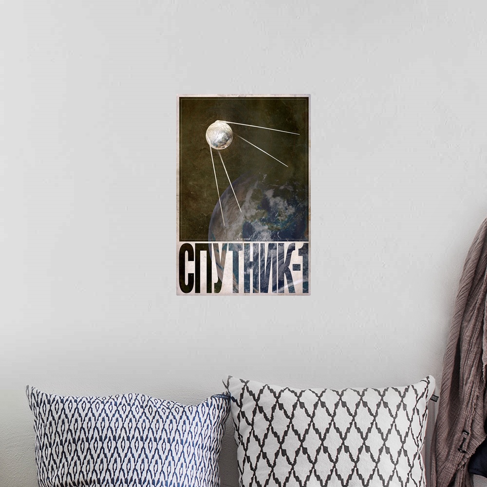 A bohemian room featuring This vertical poster shows the satellite orbiting above the Earth with its name written in Russia...