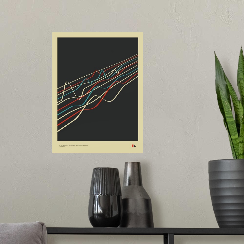 A modern room featuring Graphic poster representing string theory with a quote by Issac Asimov at the bottom: "The true d...