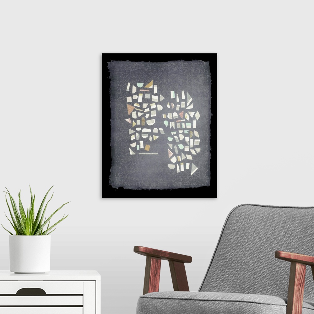 A modern room featuring Two columns of text-like geometric shapes dance on a page of handmade paper.