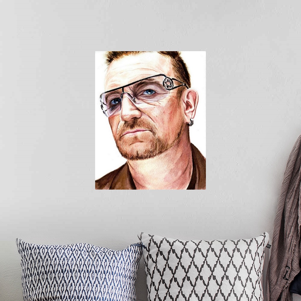 A bohemian room featuring Watercolor portrait of 360-era Bono. 1 of 4.