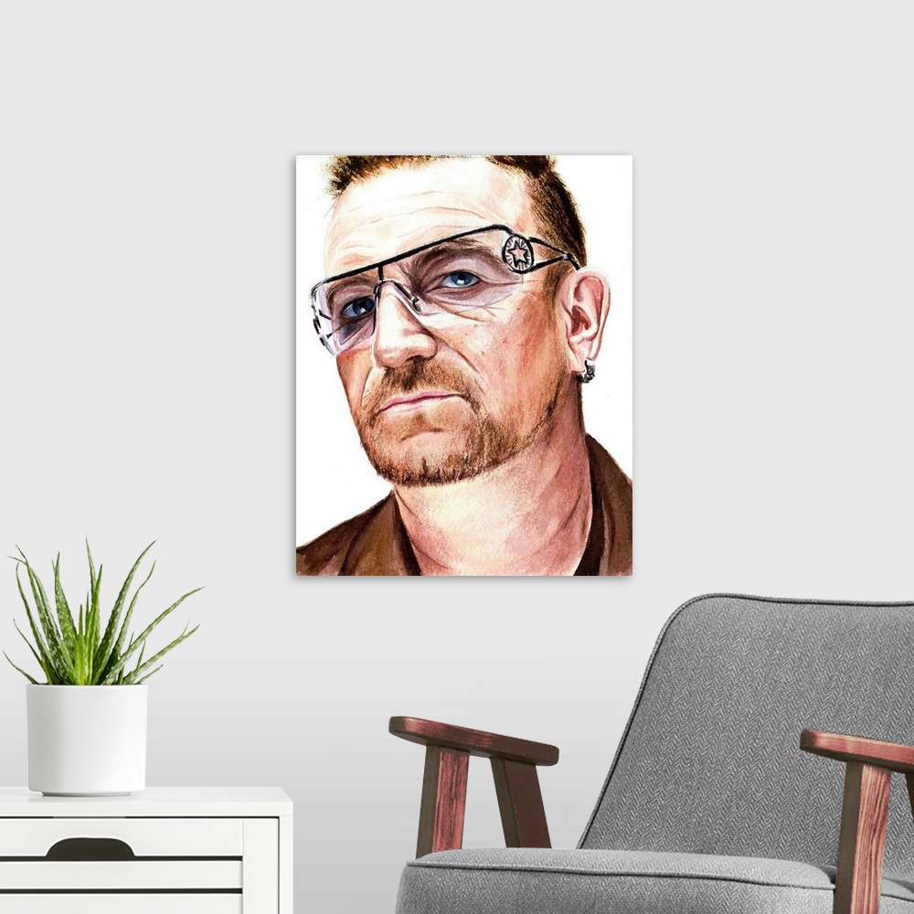 A modern room featuring Watercolor portrait of 360-era Bono. 1 of 4.