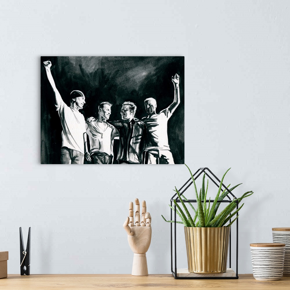A bohemian room featuring U2 360 tour group sketch in black watercolor.