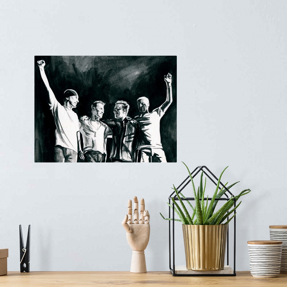 A bohemian room featuring U2 360 tour group sketch in black watercolor.