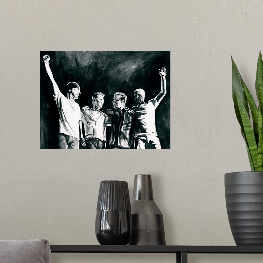 A modern room featuring U2 360 tour group sketch in black watercolor.