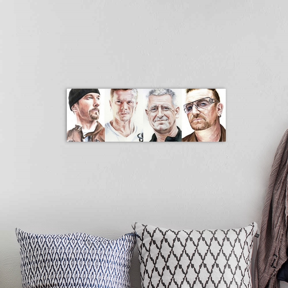 A bohemian room featuring 360-era U2, watercolor portrait. All portraits available separately.