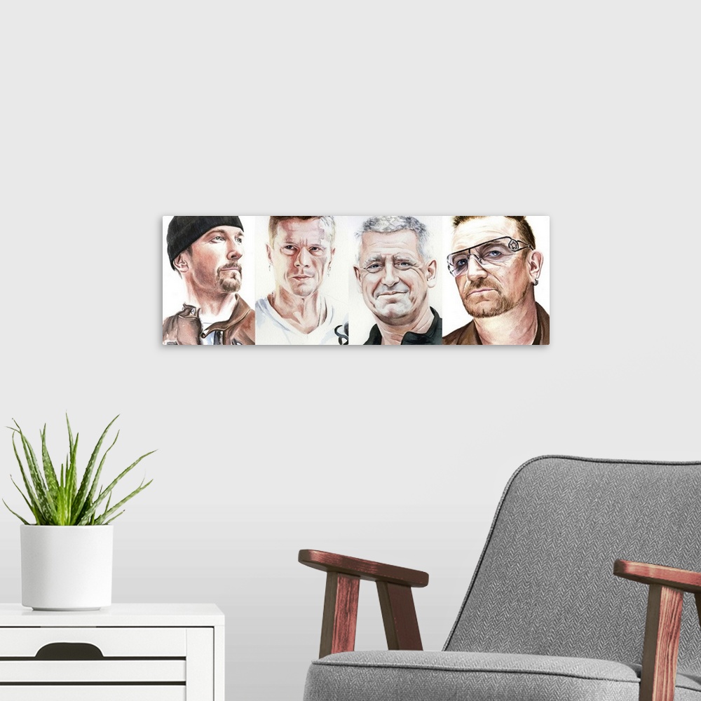 A modern room featuring 360-era U2, watercolor portrait. All portraits available separately.