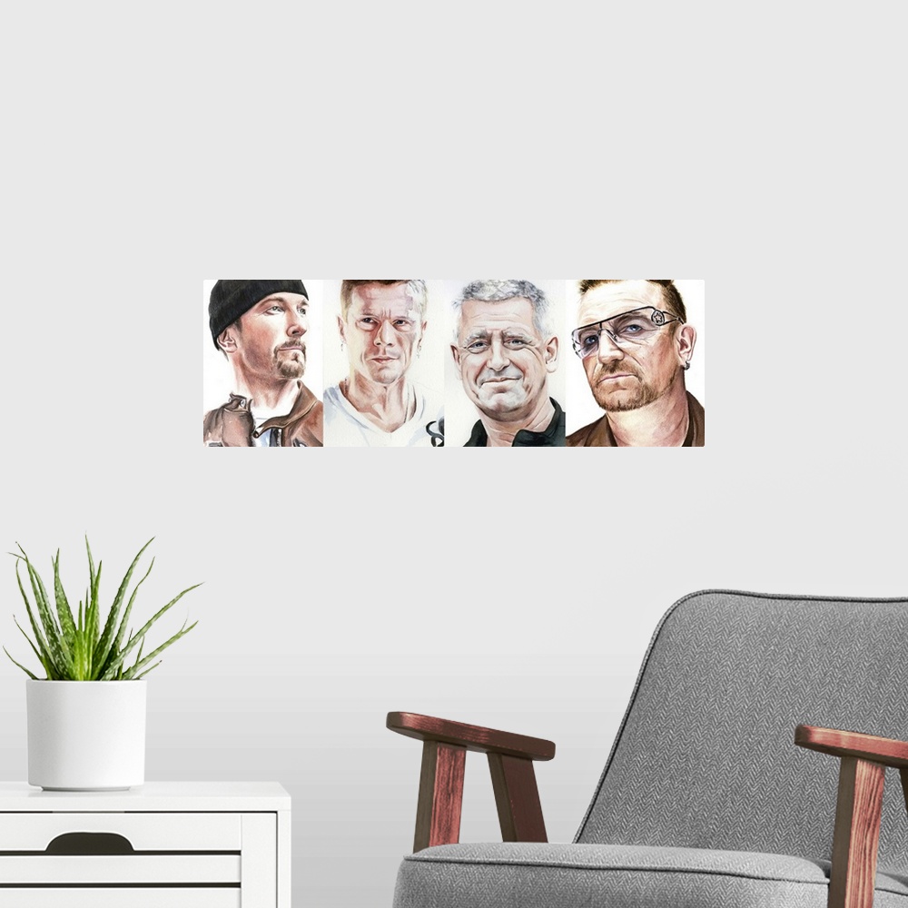 A modern room featuring 360-era U2, watercolor portrait. All portraits available separately.