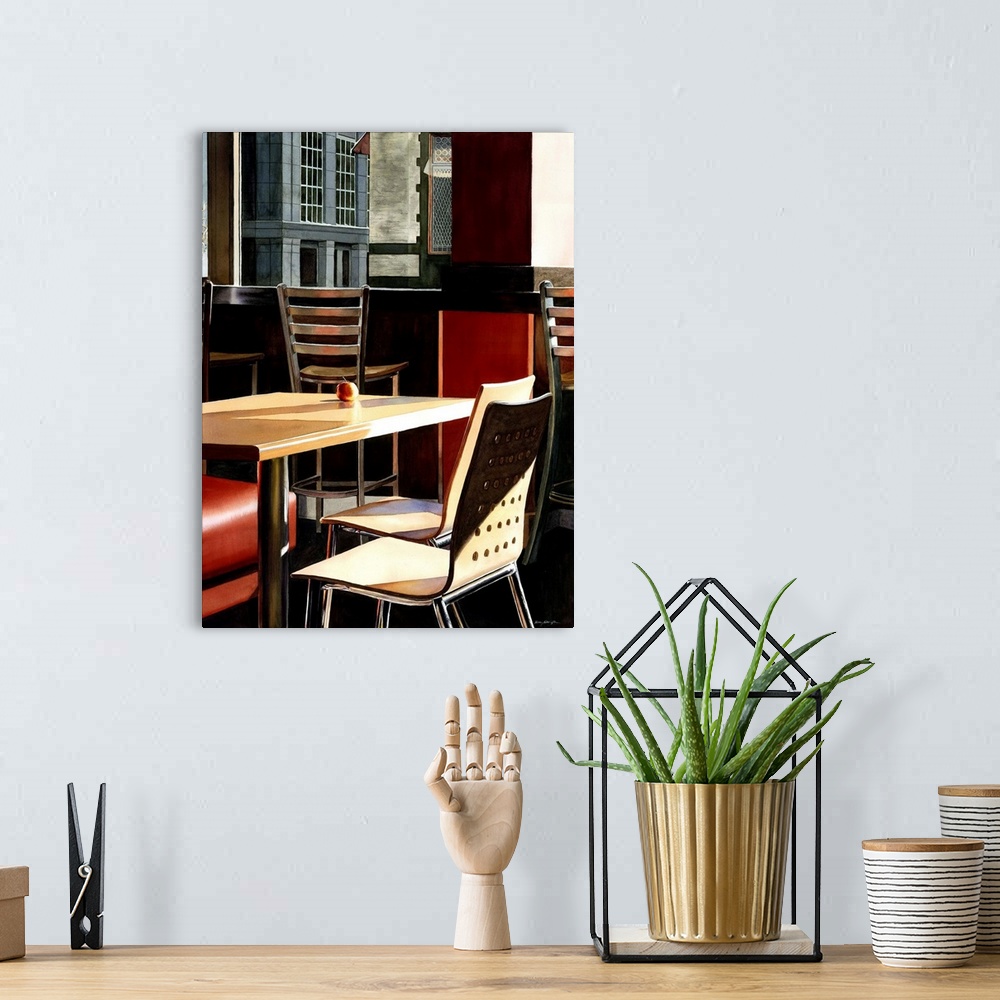 A bohemian room featuring A contemporary watercolor painting of table and chairs in a cafe shop in Boston.