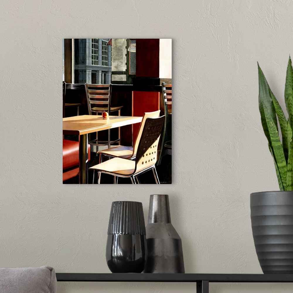 A modern room featuring A contemporary watercolor painting of table and chairs in a cafe shop in Boston.