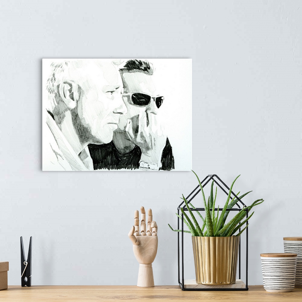 A bohemian room featuring Adam Clayton and Larry Mullen in a high-contrast drawing.