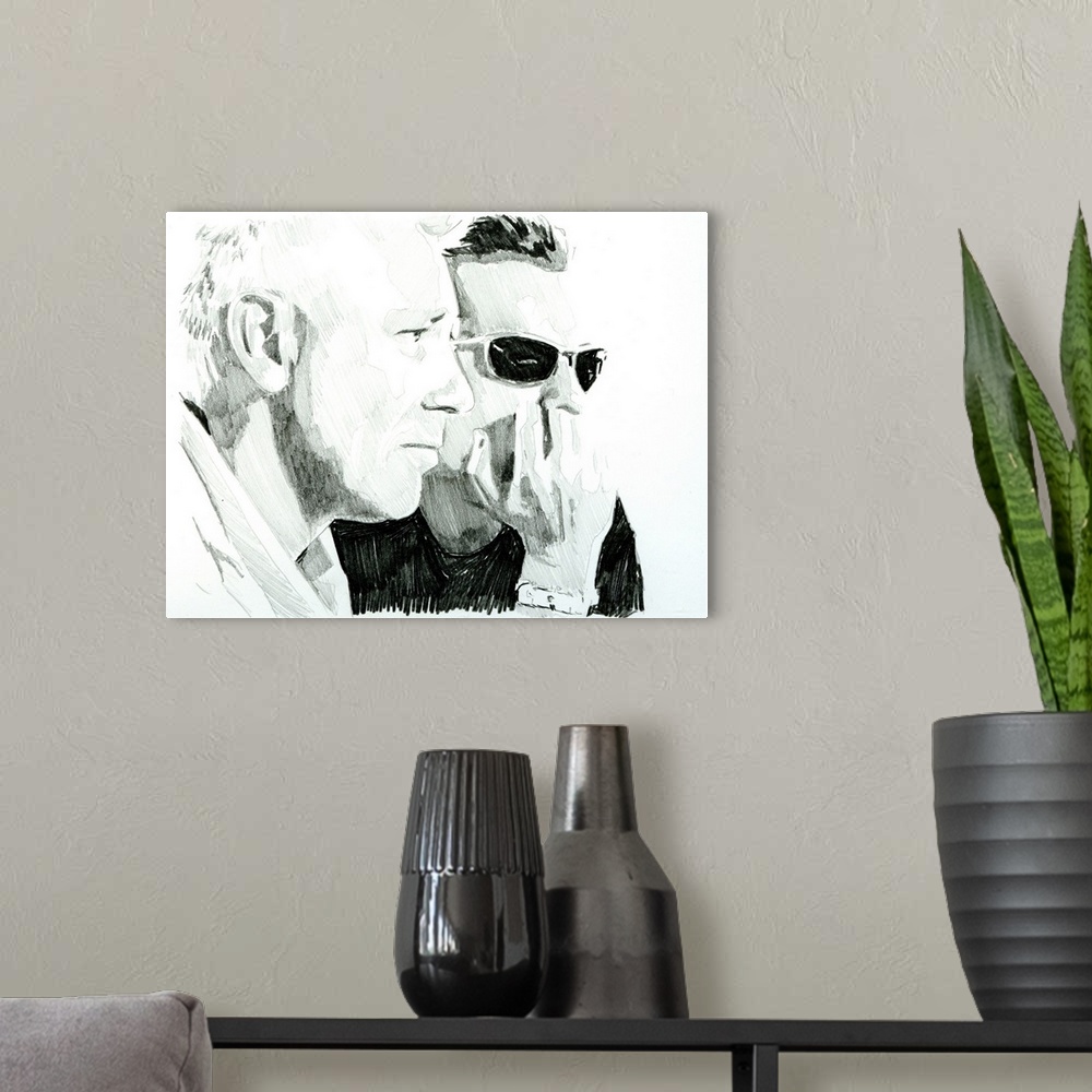 A modern room featuring Adam Clayton and Larry Mullen in a high-contrast drawing.