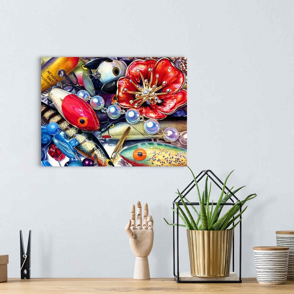 A bohemian room featuring A watercolor painting of fishing lures and jewelry.