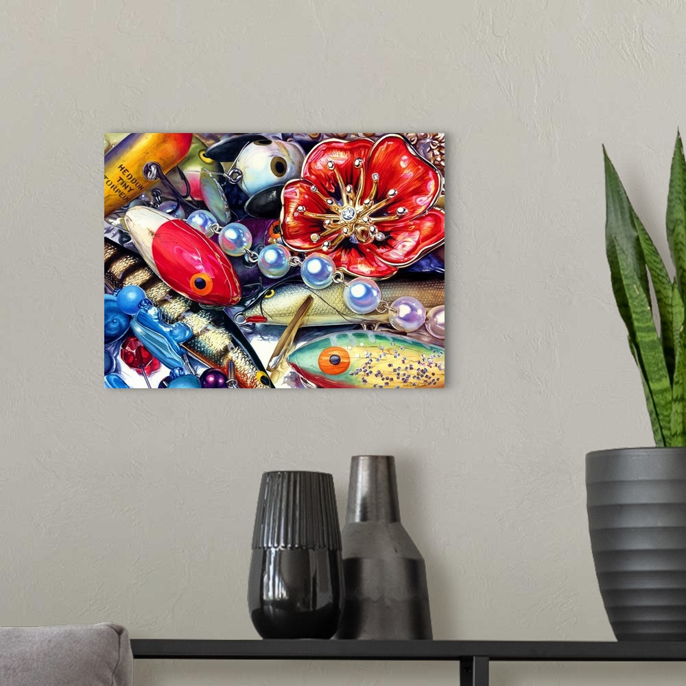 A modern room featuring A watercolor painting of fishing lures and jewelry.