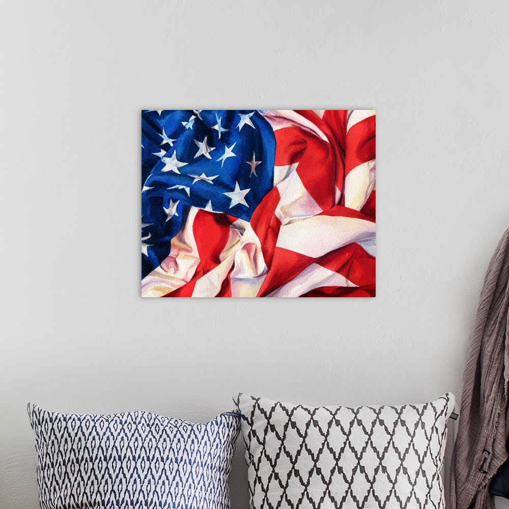 A bohemian room featuring Watercolor painting of a draped american flag.