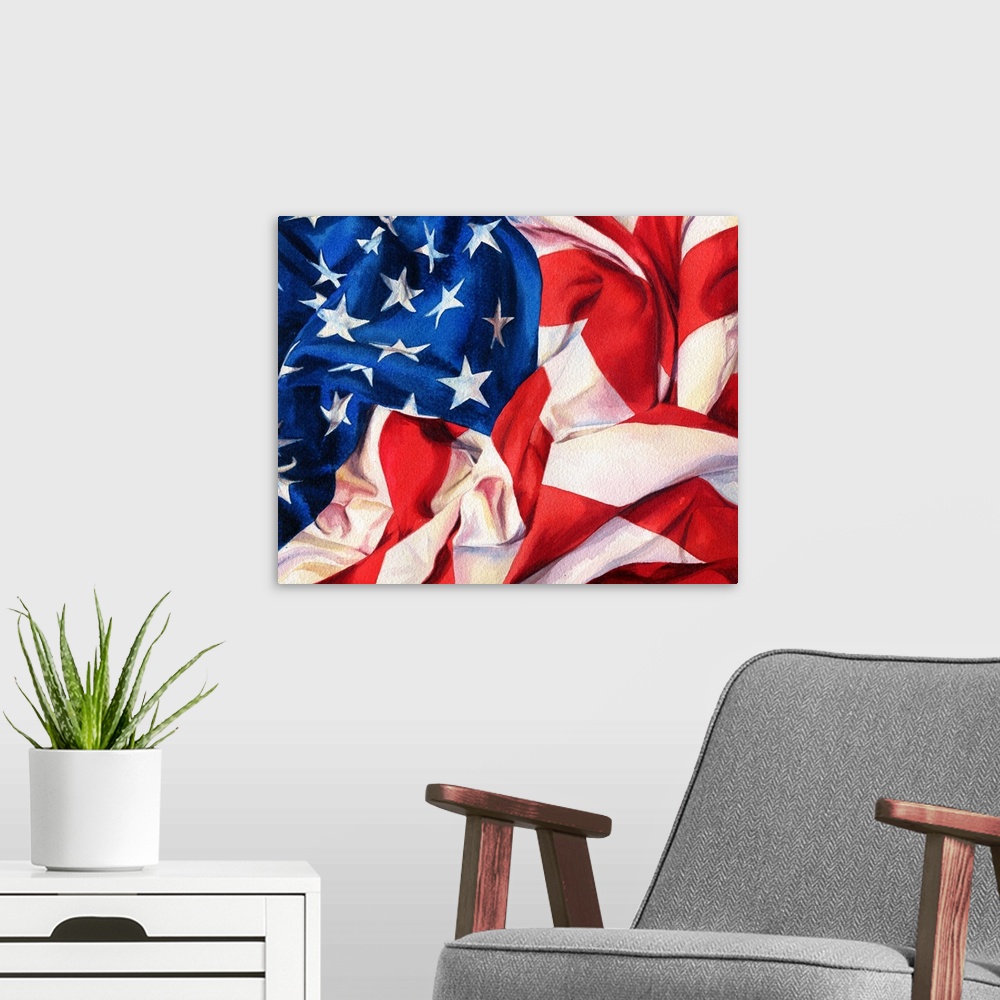 A modern room featuring Watercolor painting of a draped american flag.