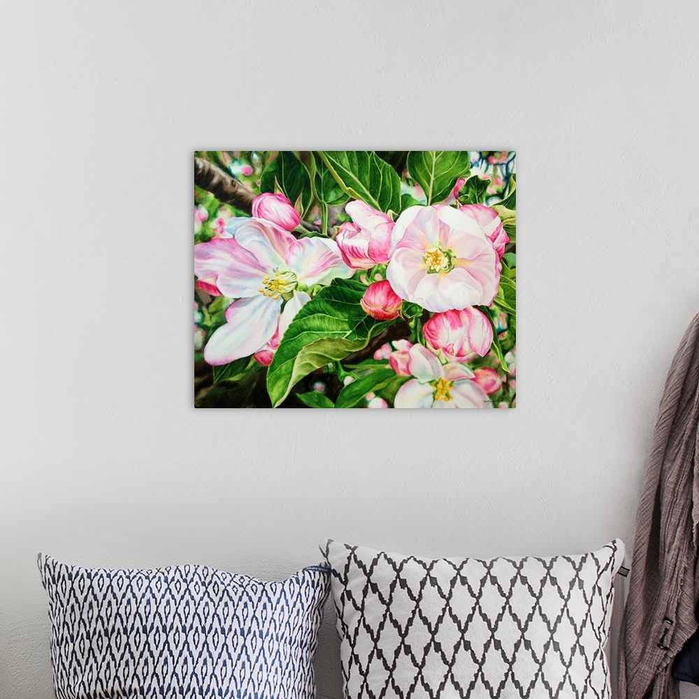 A bohemian room featuring A contemporary watercolor painting of pink and white apple blossoms on a tree.