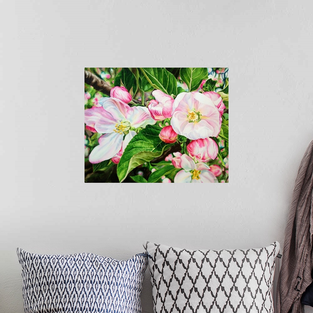 A bohemian room featuring A contemporary watercolor painting of pink and white apple blossoms on a tree.