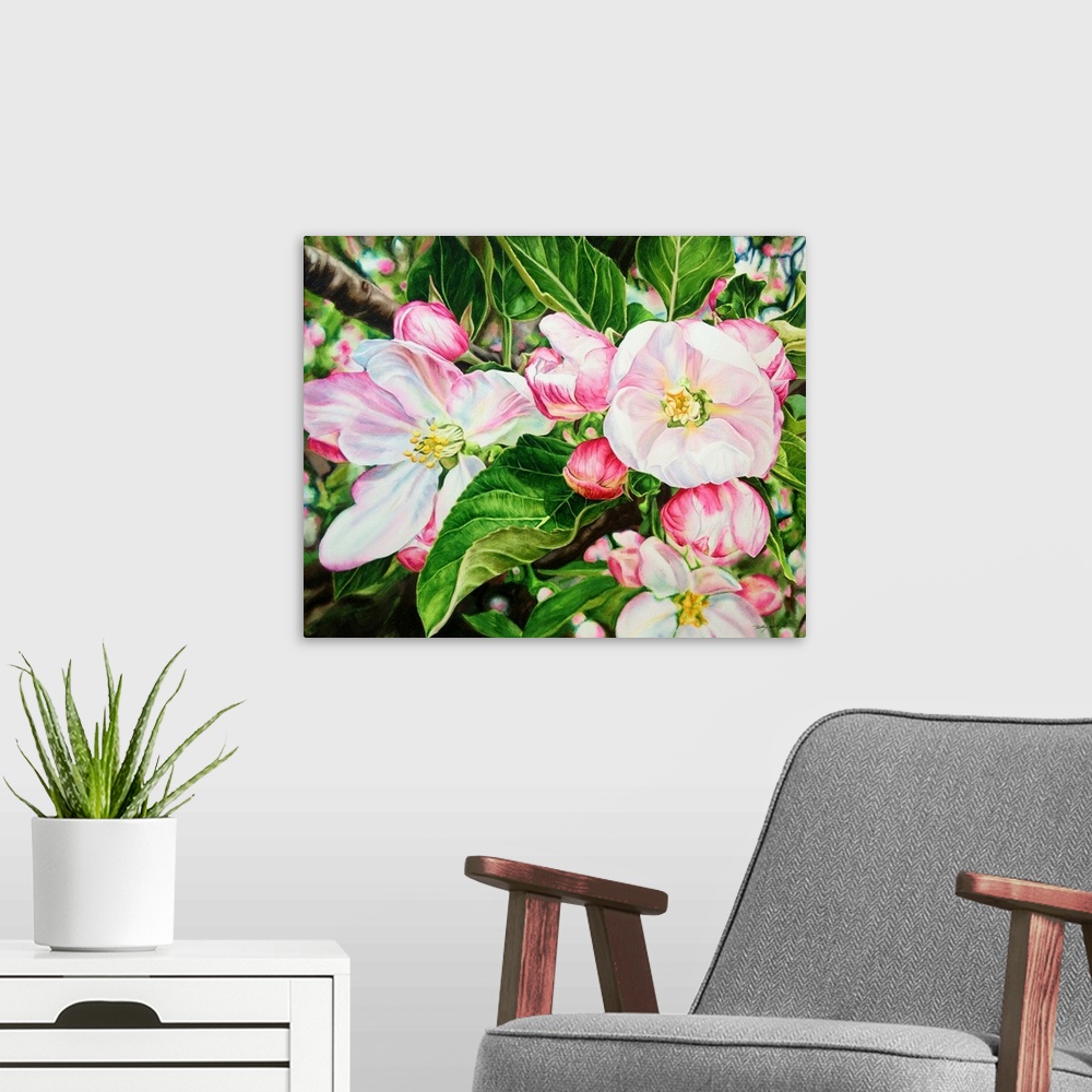 A modern room featuring A contemporary watercolor painting of pink and white apple blossoms on a tree.