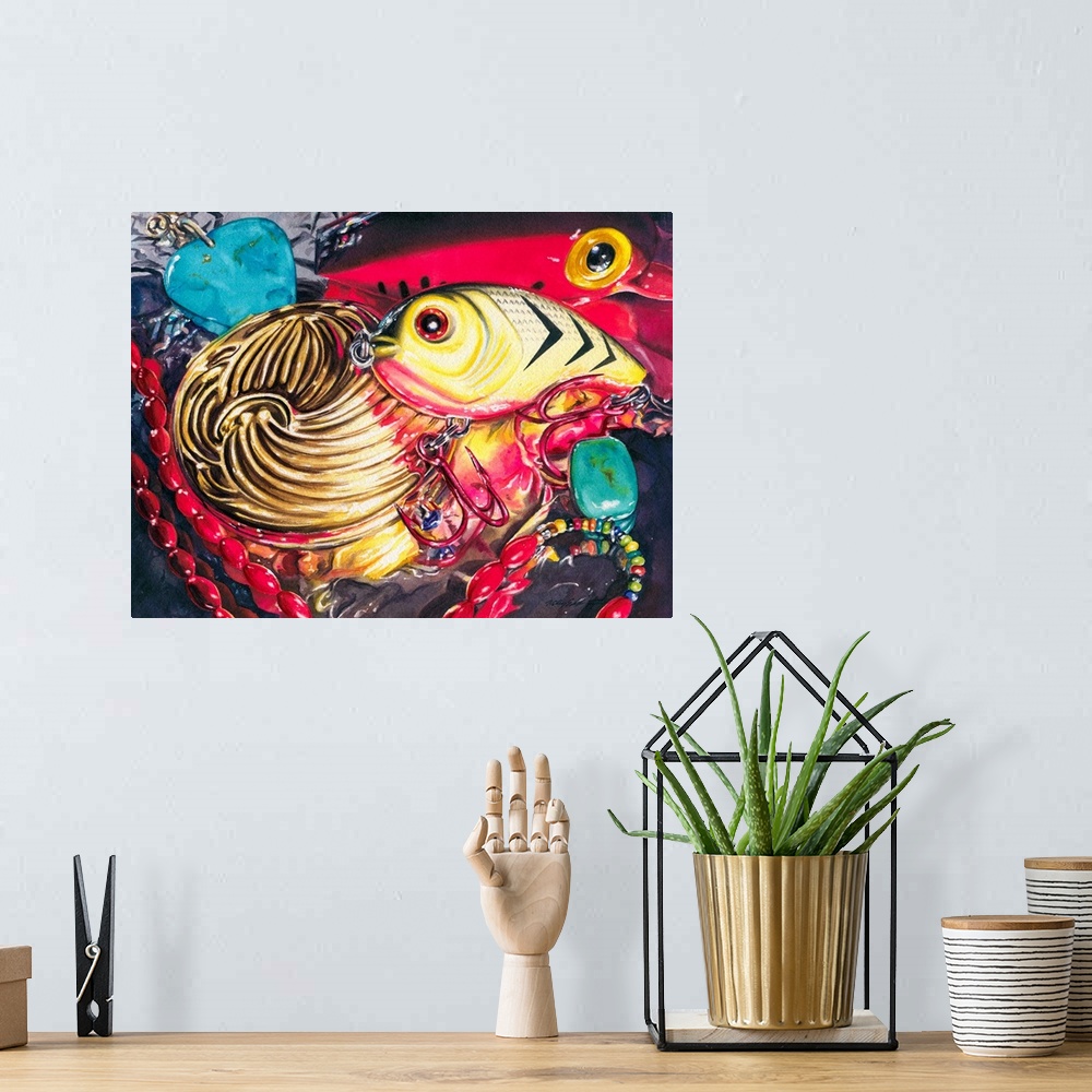 A bohemian room featuring Watercolor painting of a yellow lure sits on aluminum foil and interacts with a gold compact, cor...