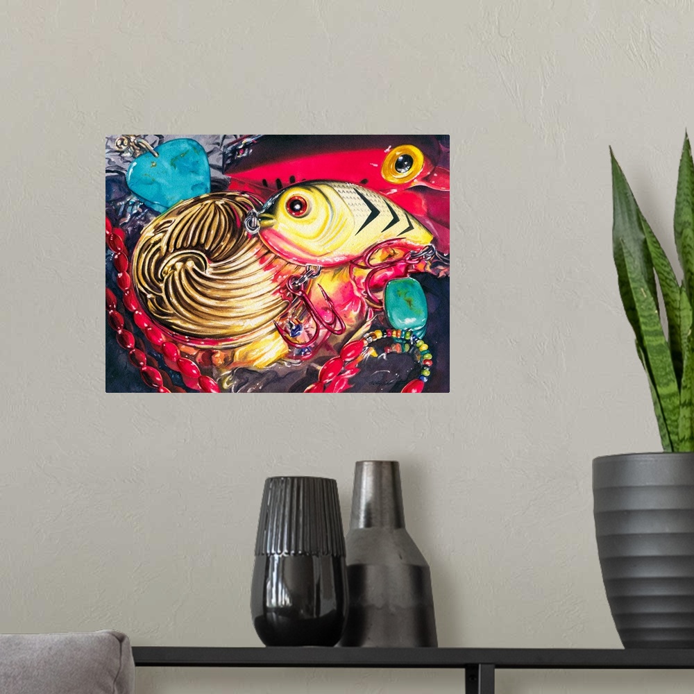 A modern room featuring Watercolor painting of a yellow lure sits on aluminum foil and interacts with a gold compact, cor...
