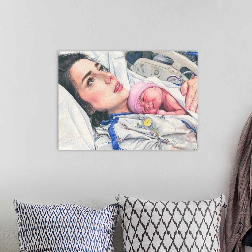 A bohemian room featuring Horizontal watercolor painting of the moment after a woman gave birth to a new baby girl.
