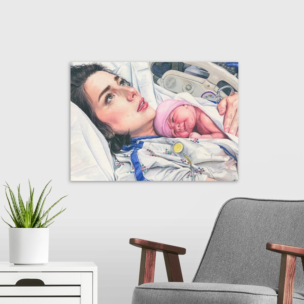 A modern room featuring Horizontal watercolor painting of the moment after a woman gave birth to a new baby girl.