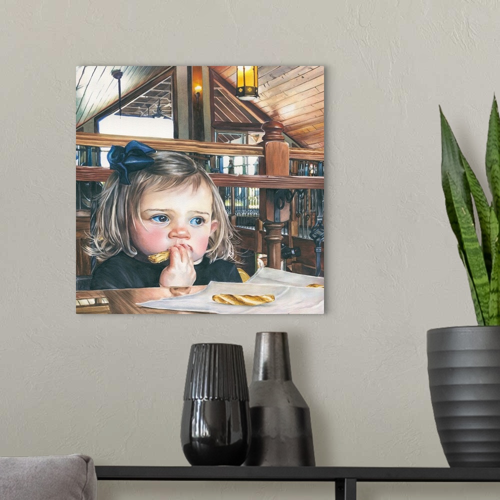 A modern room featuring A watercolor contemporary painting of a small child sitting at a table to eat.