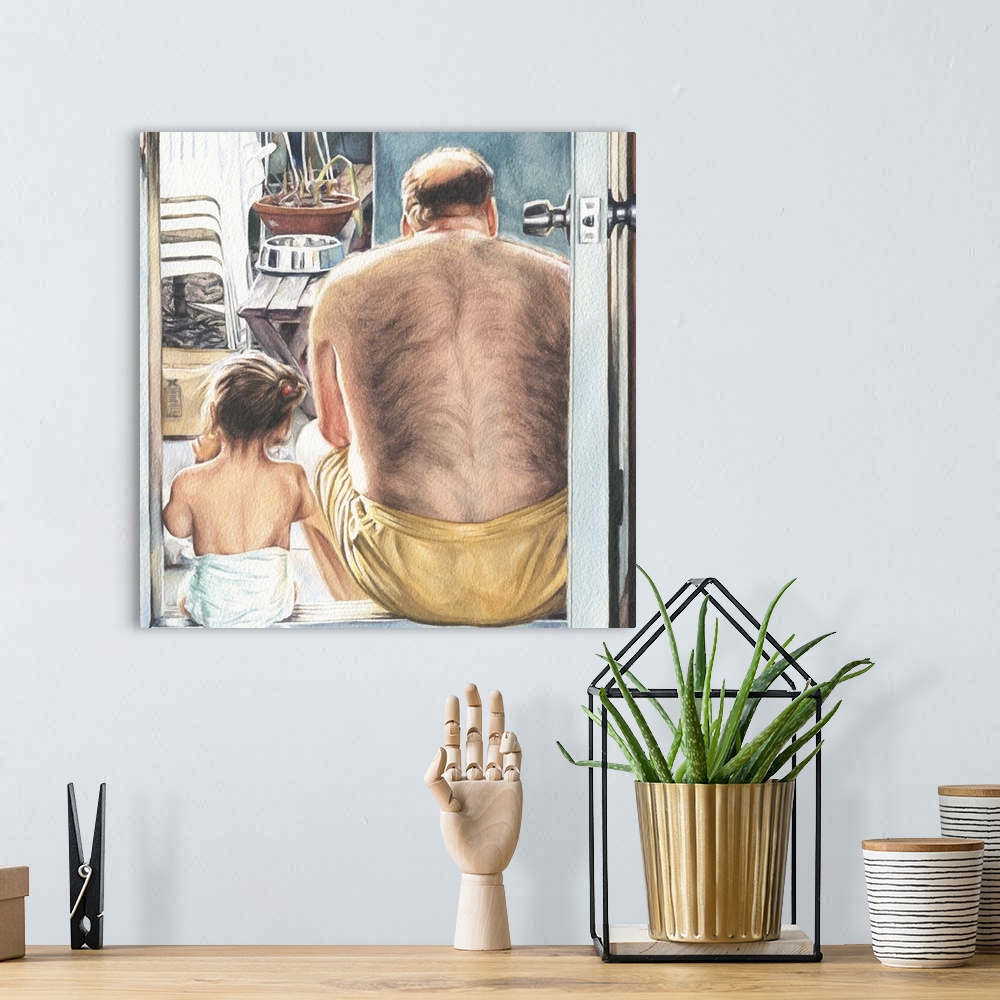A bohemian room featuring Watercolor portrait of a father and daughter sitting in a doorway.