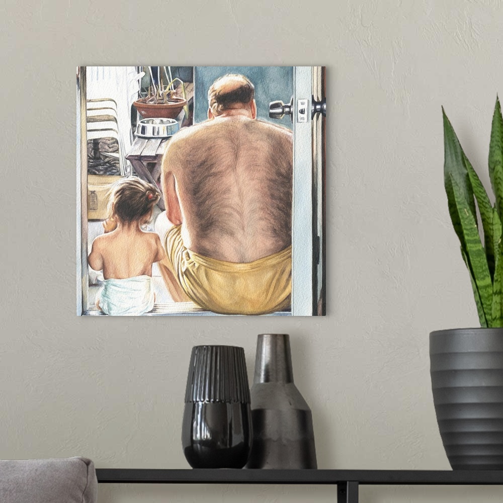 A modern room featuring Watercolor portrait of a father and daughter sitting in a doorway.