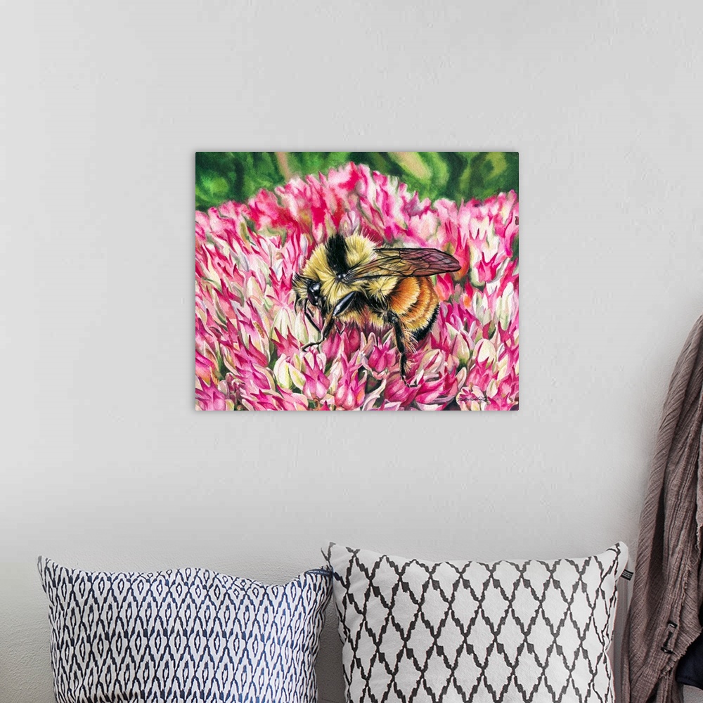 A bohemian room featuring A horizontal watercolor painting of a bee inspecting a pink flower.