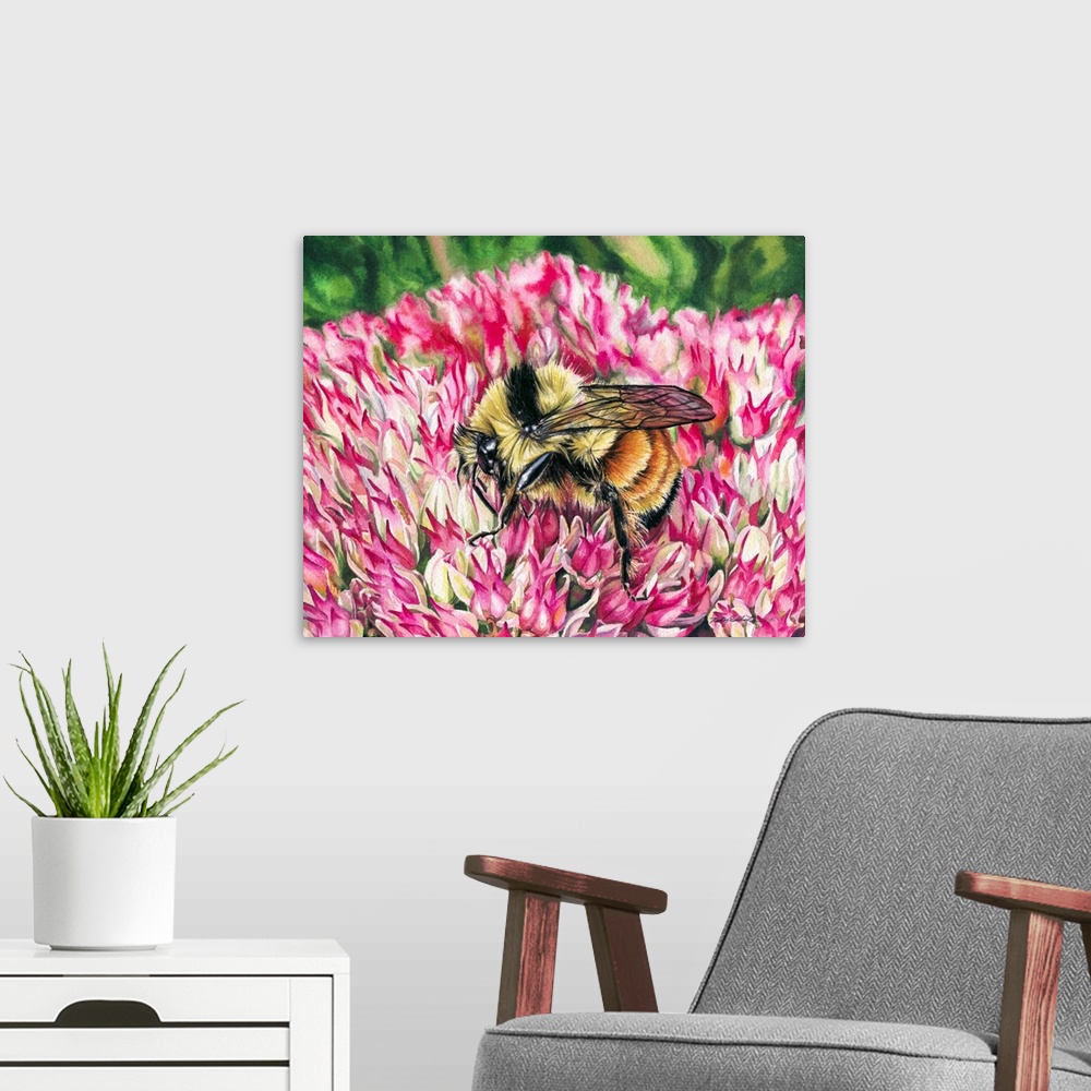 A modern room featuring A horizontal watercolor painting of a bee inspecting a pink flower.