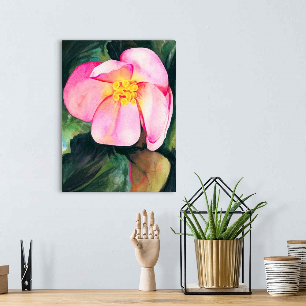 A bohemian room featuring Vertical watercolor painting of a vibrant pink Begonia.