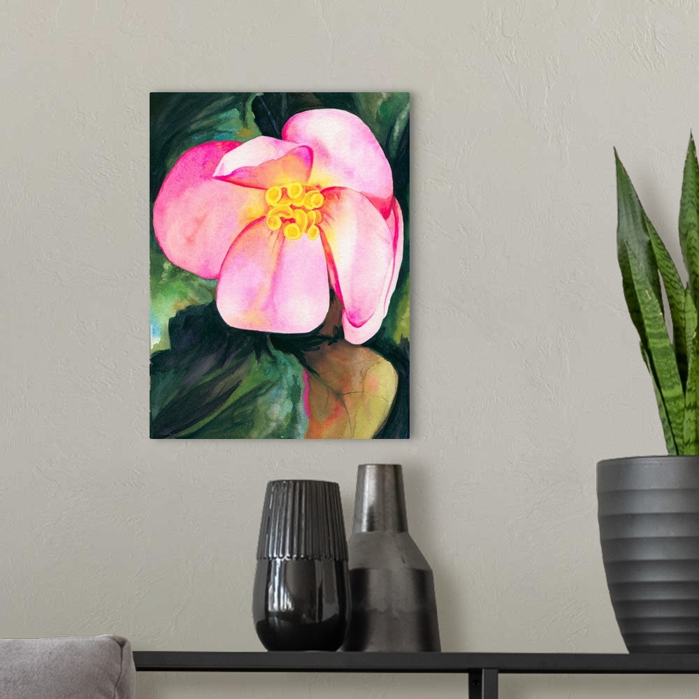 A modern room featuring Vertical watercolor painting of a vibrant pink Begonia.