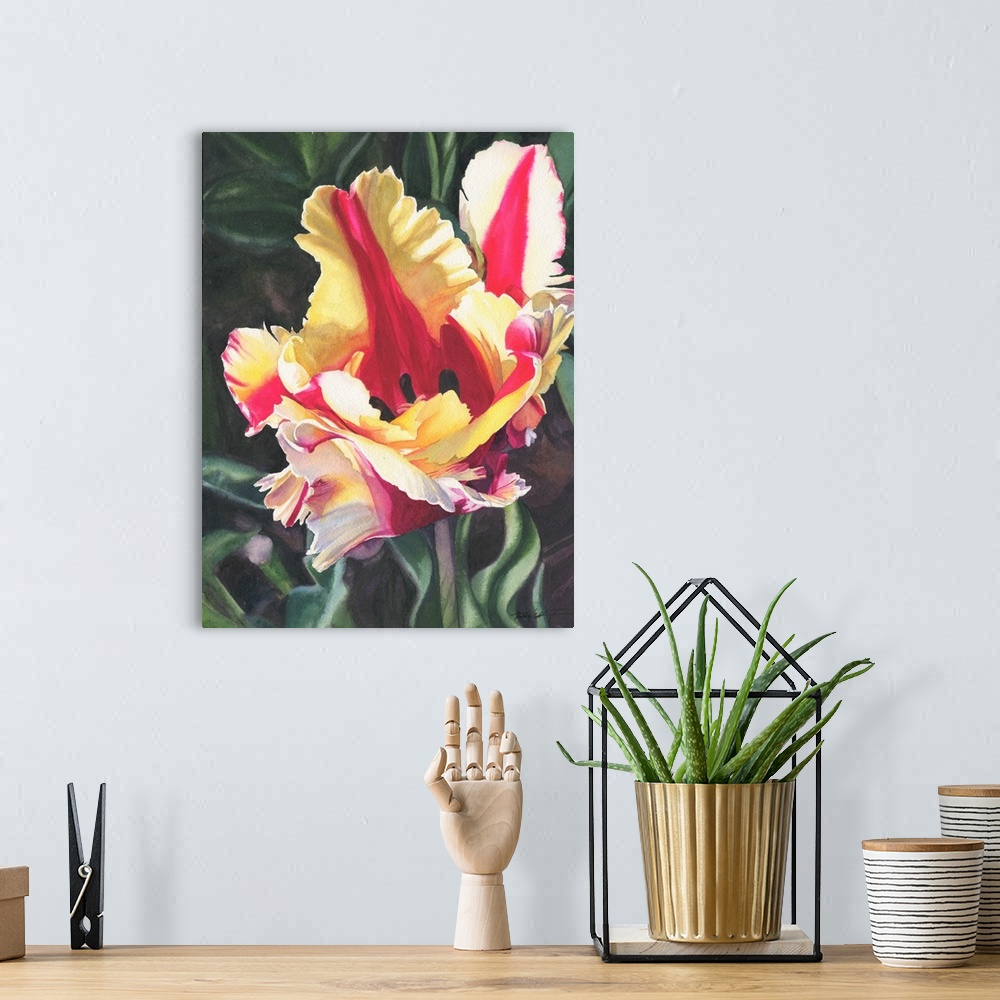 A bohemian room featuring Vertical painting of a Blooming parrot Tulip in yellow and red.