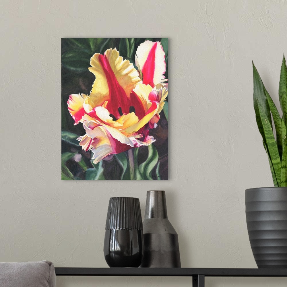 A modern room featuring Vertical painting of a Blooming parrot Tulip in yellow and red.