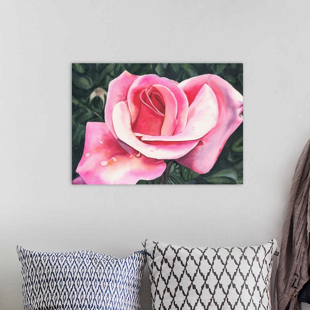 A bohemian room featuring Horizontal watercolor painting of a pink rose with a few water drops on the petals.