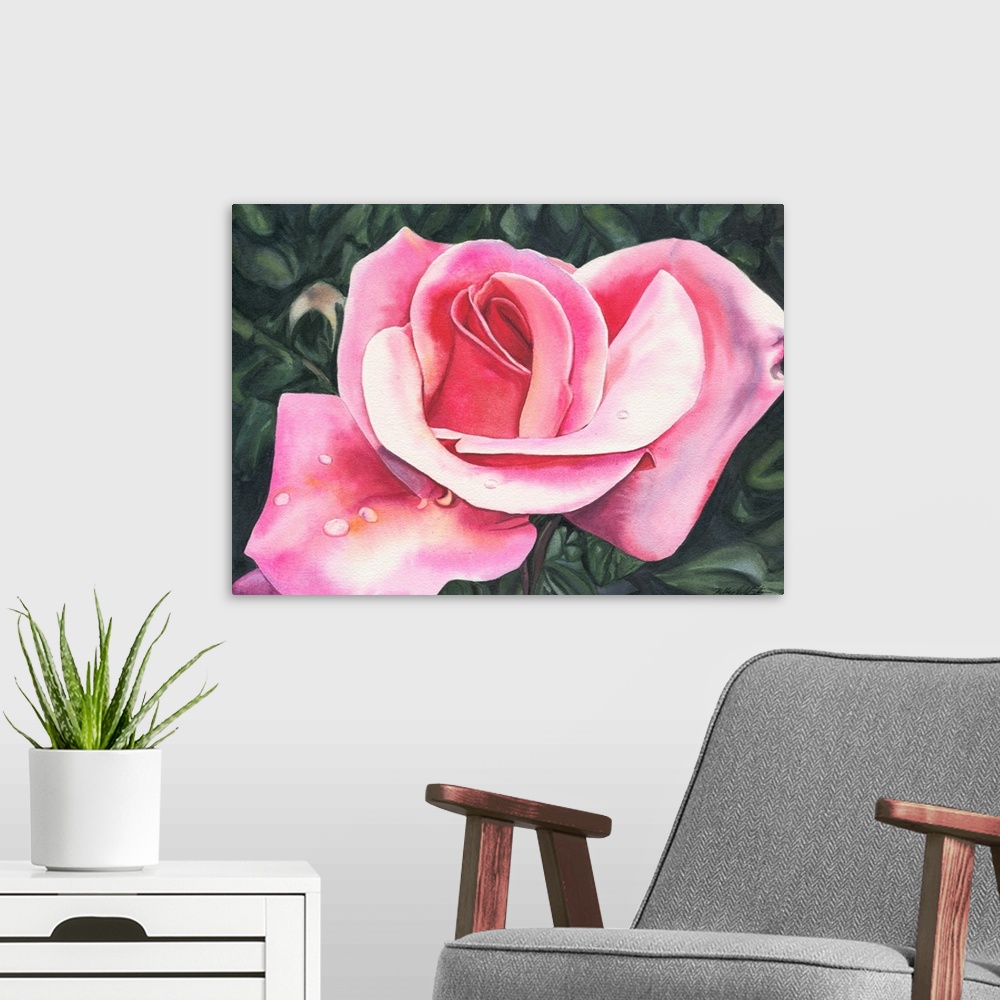 A modern room featuring Horizontal watercolor painting of a pink rose with a few water drops on the petals.