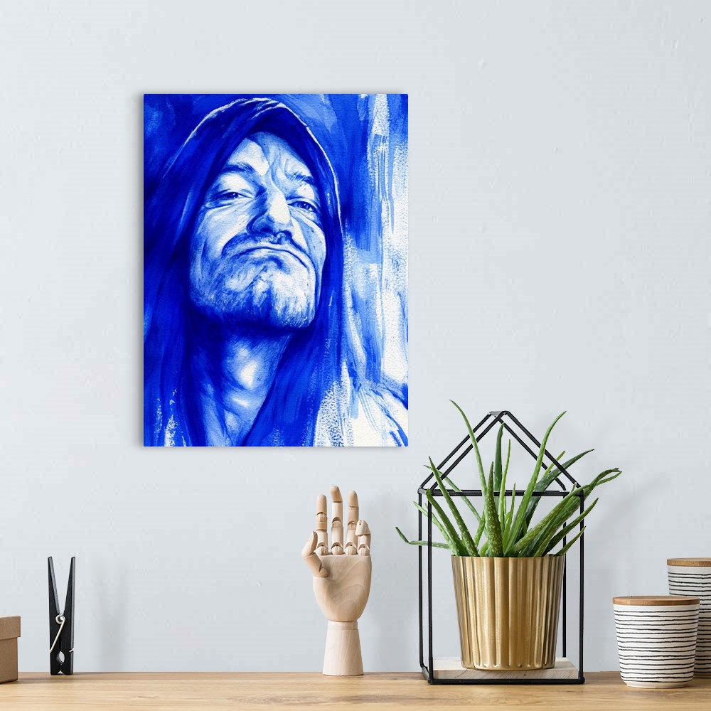 A bohemian room featuring Watercolor portrait of Bono in shades of Ultramarine blue.