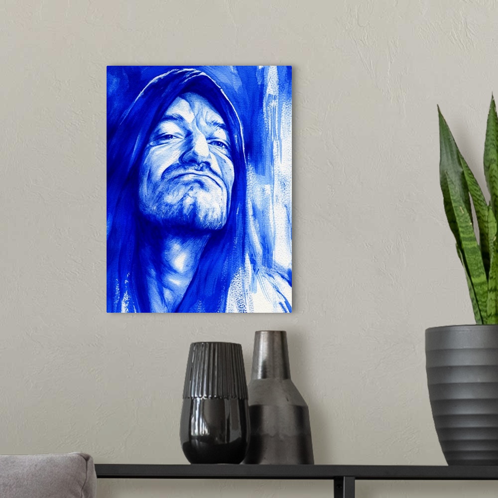 A modern room featuring Watercolor portrait of Bono in shades of Ultramarine blue.