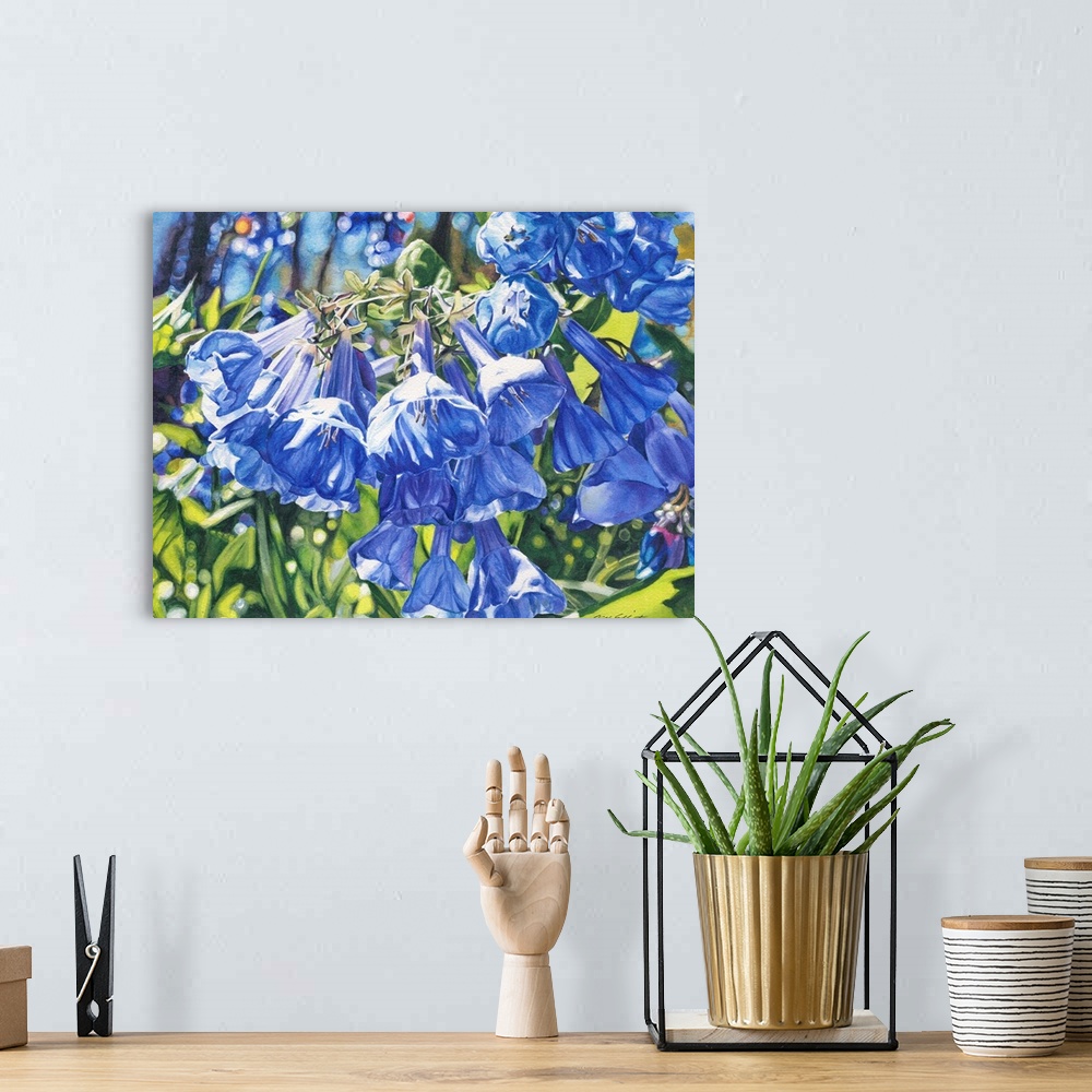 A bohemian room featuring Watercolor painting of bluebells in the sun.
