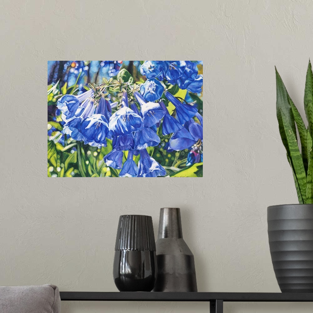 A modern room featuring Watercolor painting of bluebells in the sun.