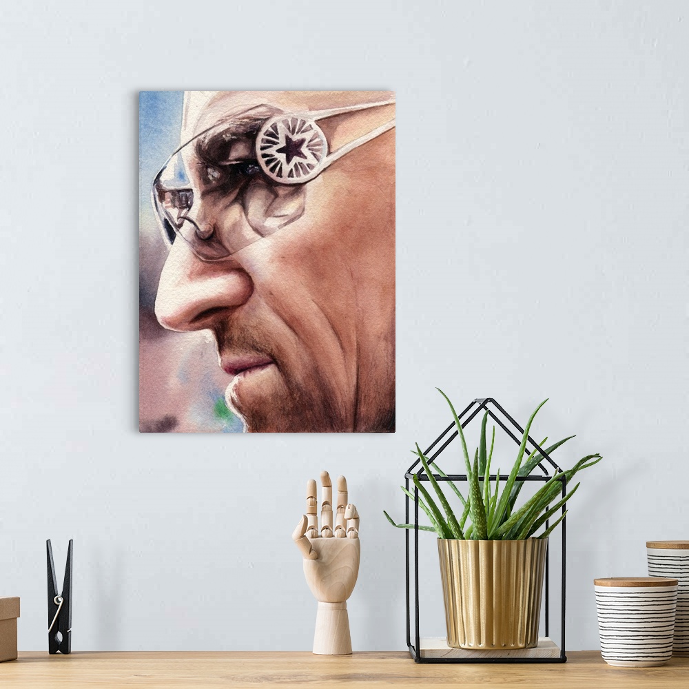 A bohemian room featuring Watercolor portrait of Bono focusing on his nose, skin, and facial stubble.