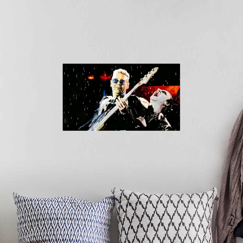 A bohemian room featuring Watercolor painting of  Adam with a gleeful Mr. MacPhisto, Zooropa era.