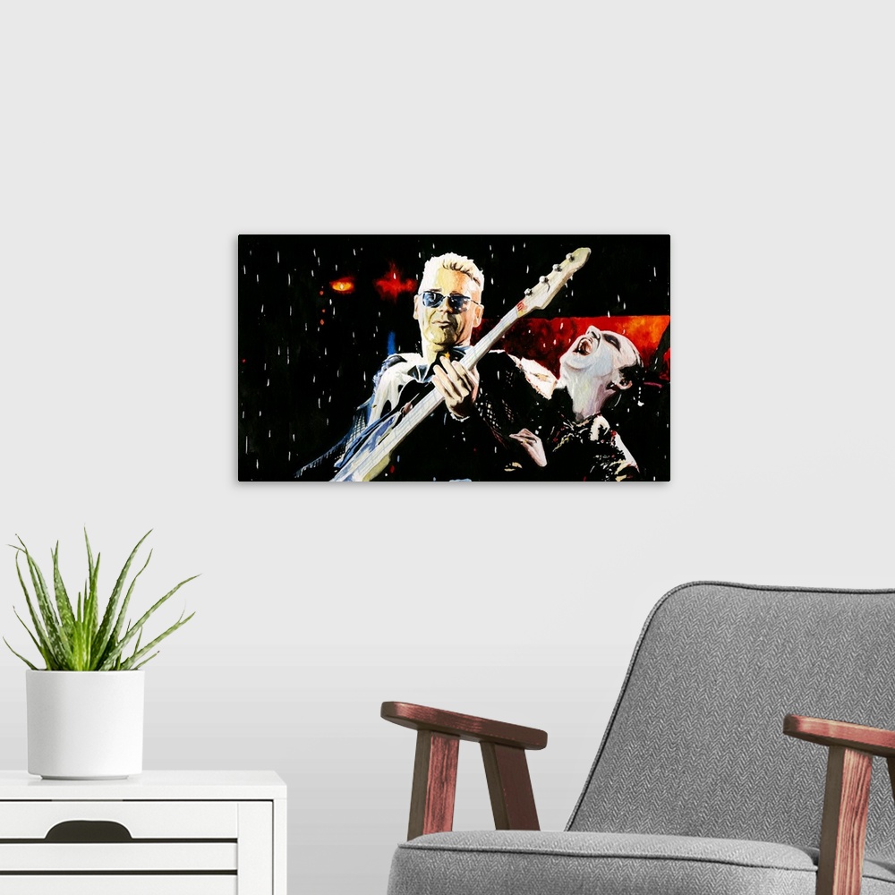 A modern room featuring Watercolor painting of  Adam with a gleeful Mr. MacPhisto, Zooropa era.