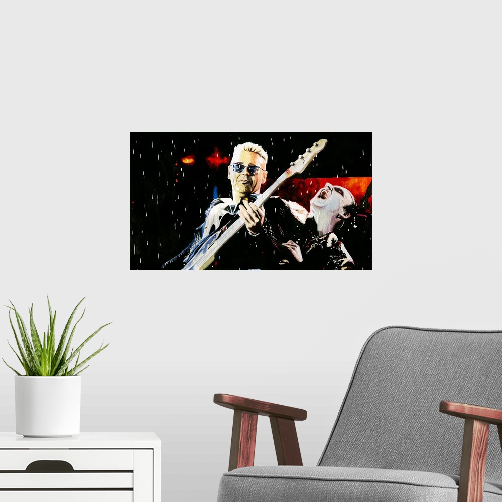 A modern room featuring Watercolor painting of  Adam with a gleeful Mr. MacPhisto, Zooropa era.