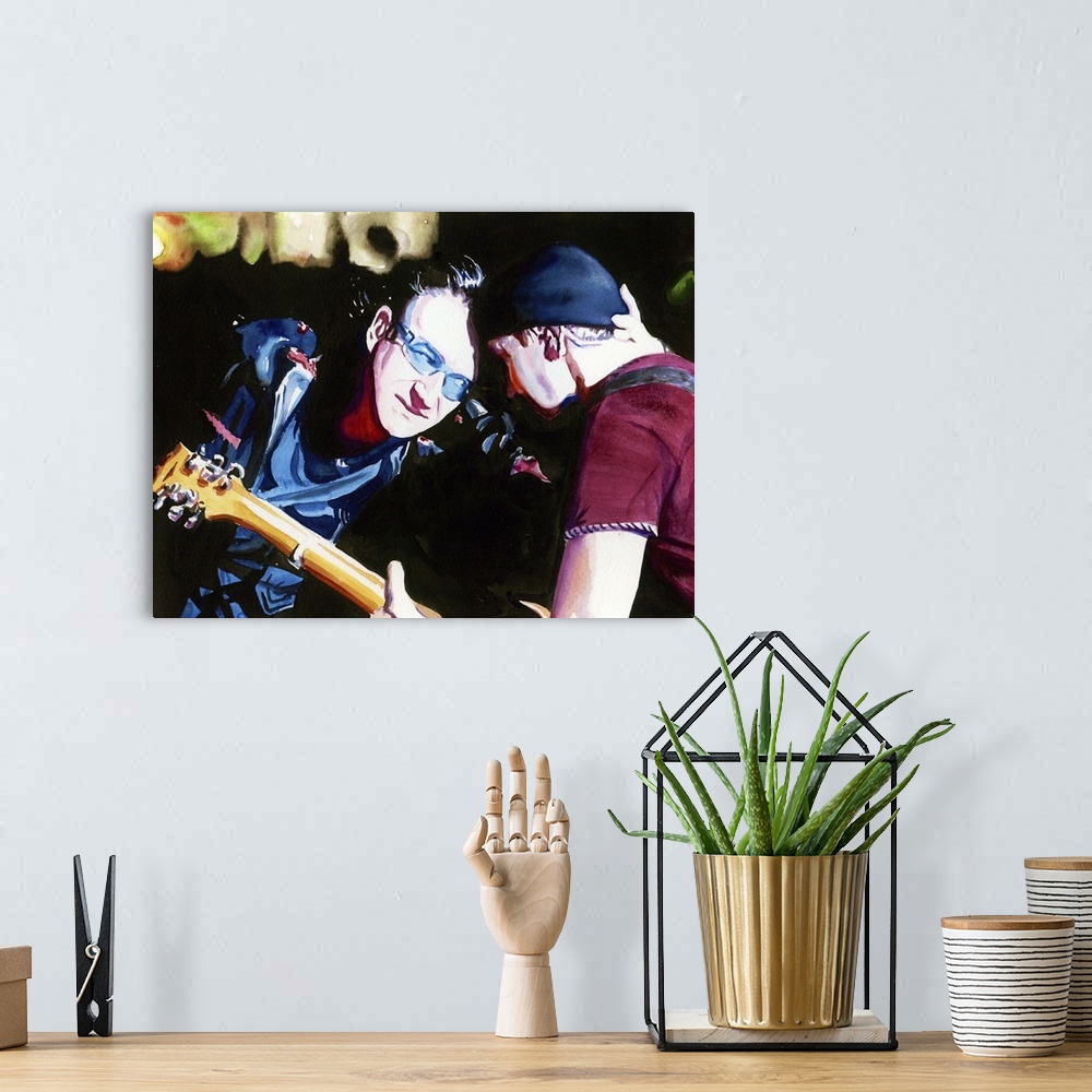 A bohemian room featuring Watercolor painting of strange yet awesome forehead-grinding from U2 live at Slane Castle, Elevat...
