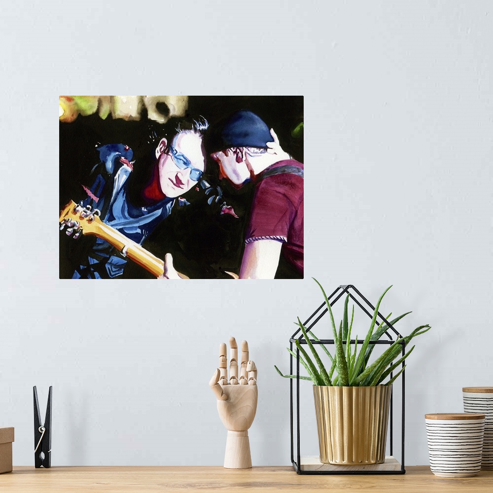 A bohemian room featuring Watercolor painting of strange yet awesome forehead-grinding from U2 live at Slane Castle, Elevat...